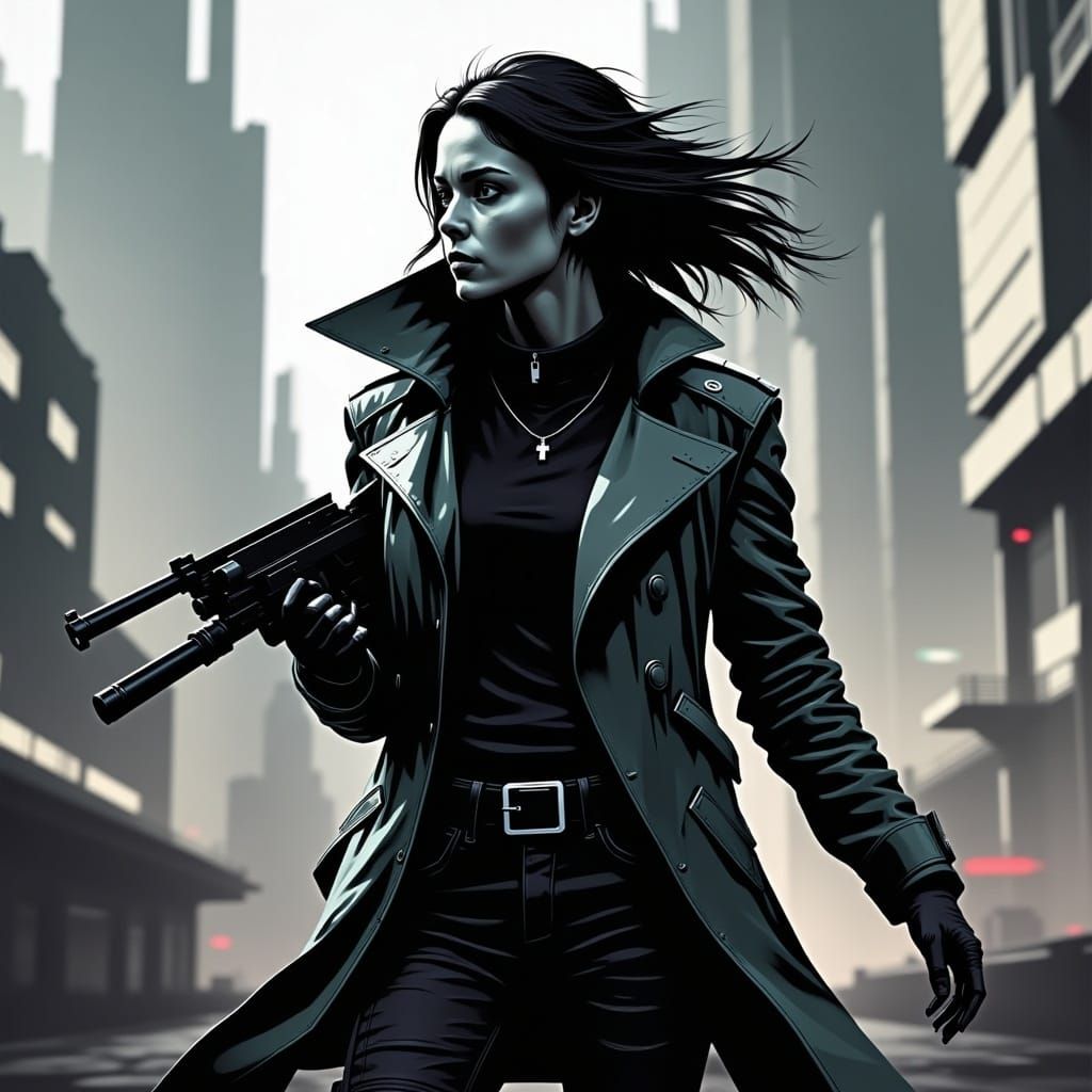 Glitchcore Woman in Trench Coat with Shotgun