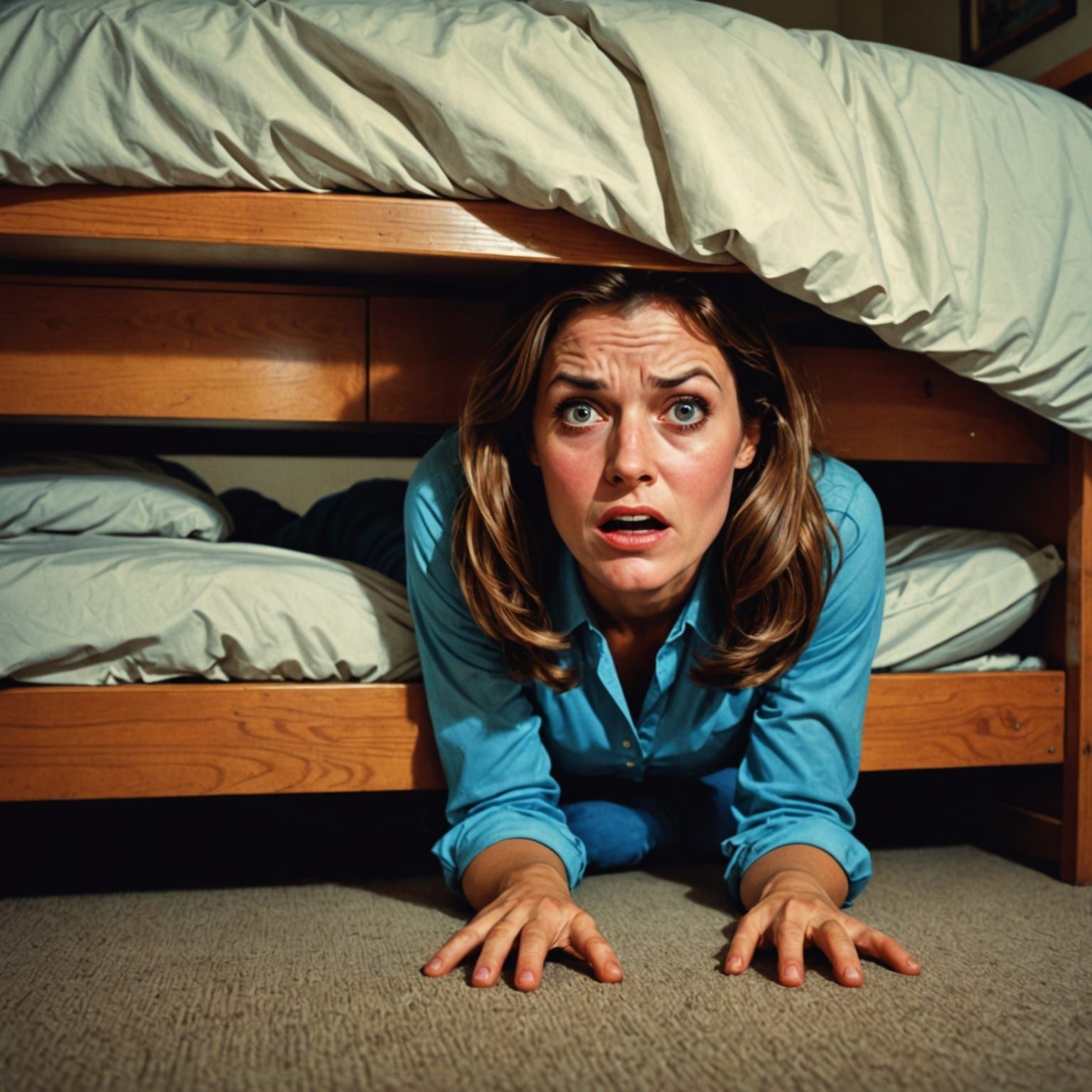 A Young Woman in Terror Hides Under a Bed in a Grotesque 197...