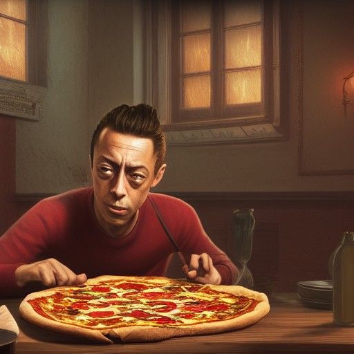 Albert Camus Eating Pizza: Detailed Matte Painting
