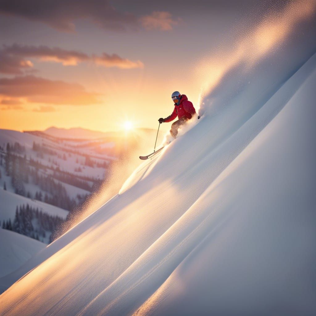 Lone Skier in Deep Powder at Sunset