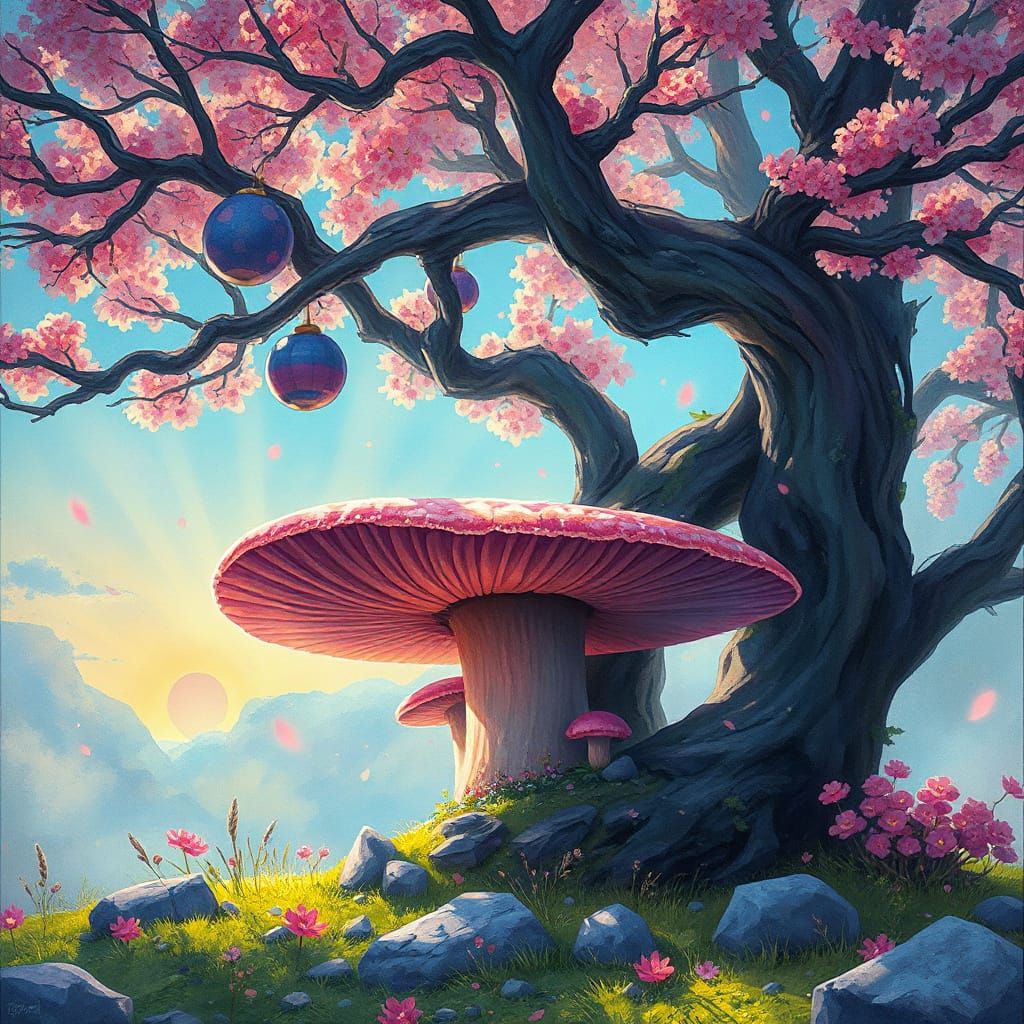 Fantastical Mushroom Tree in Vibrant Pastel Hues