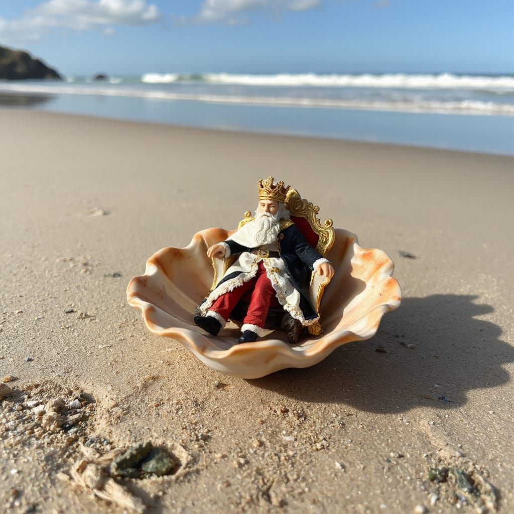 A King's Crown Conch shell lying on a beach with a miniature...