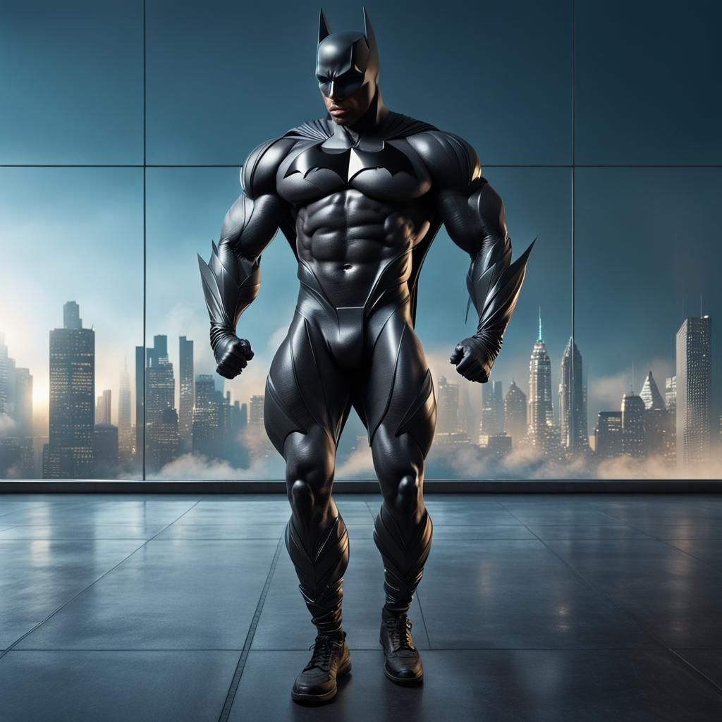 Futuristic Bodybuilder in Cape at Sunrise