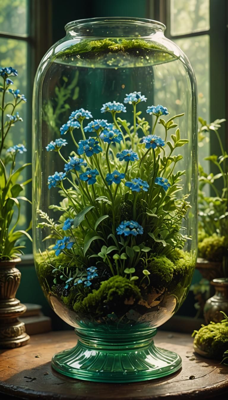Impressive Terrarium with Myosotis in Art Nouveau Style