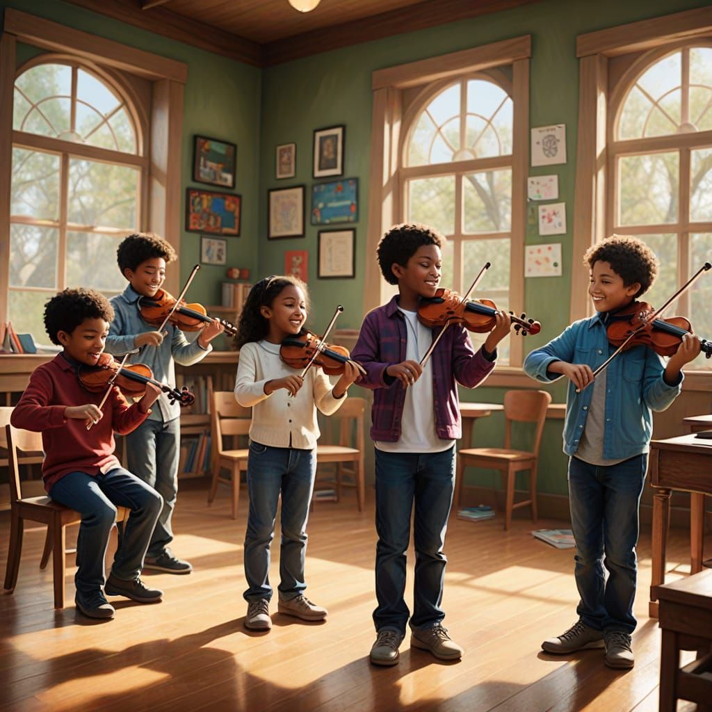 Diverse Students Enjoy Music Class With Instruments