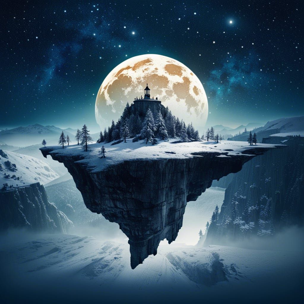 Floating Island City at Snowy Starry Night