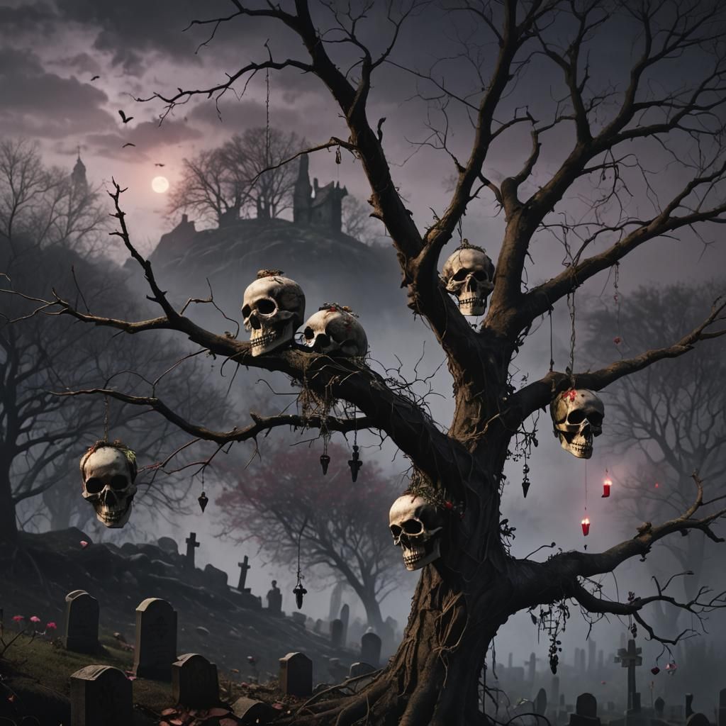 Bleeding Hearts on Barren Tree: A Dark Fantasy Illustration