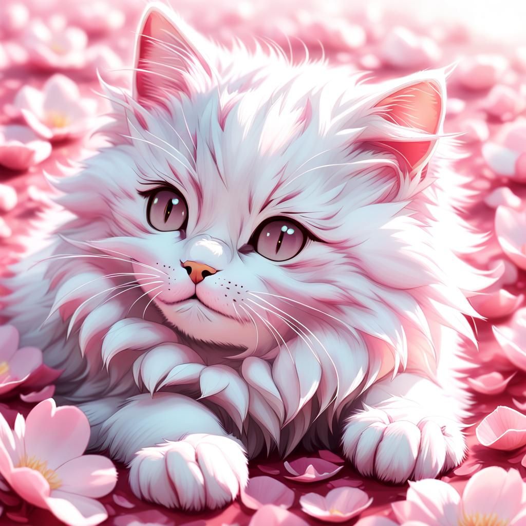 Cute Kitten Rolls in Pink Petals: 3D Anime Art