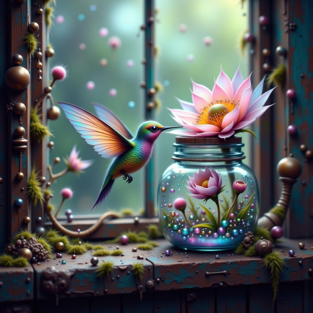 Hummingbird Sipping Nectar in Glass Jar, Hyperrealism Style