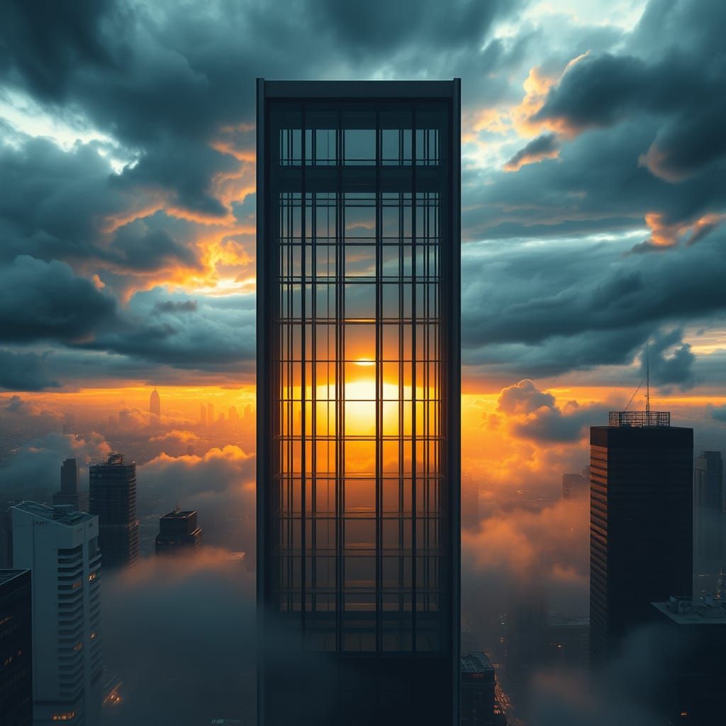 Futuristic Cityscape Window in Stormy Dusk