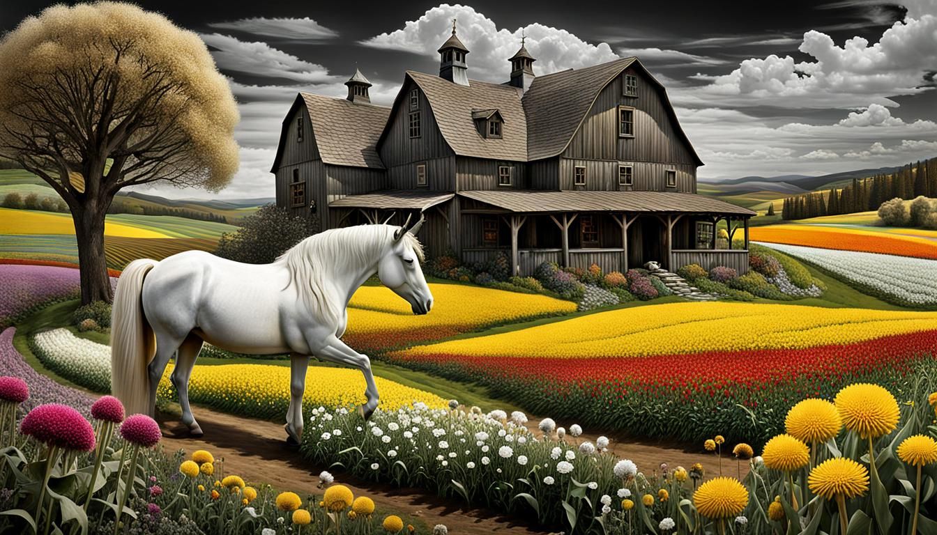 Mother earth farmstesd, A woman's body embedded into a farm landscape ,Enchanted farm  unicorn grazing,p, Fairy farmer, ...