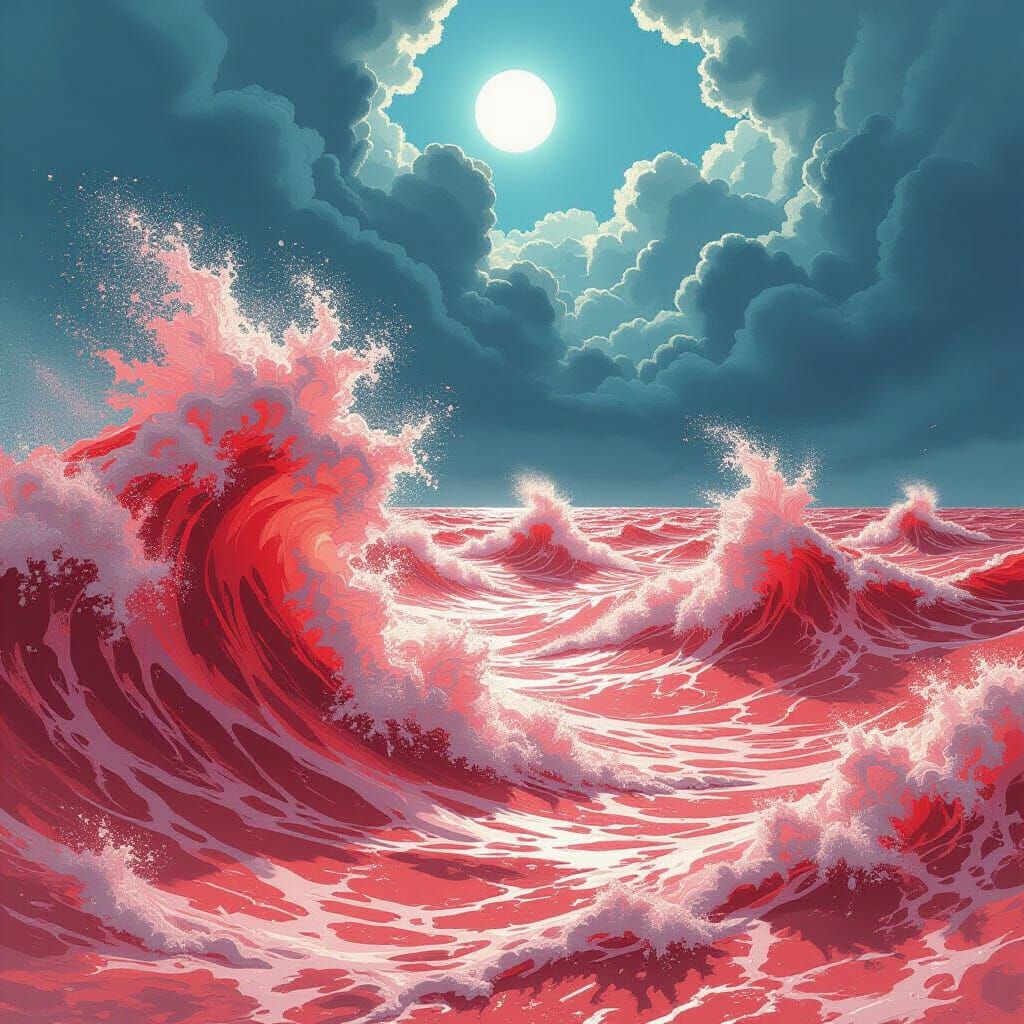 Scarlet Wave Ocean in Comic Book Art Style