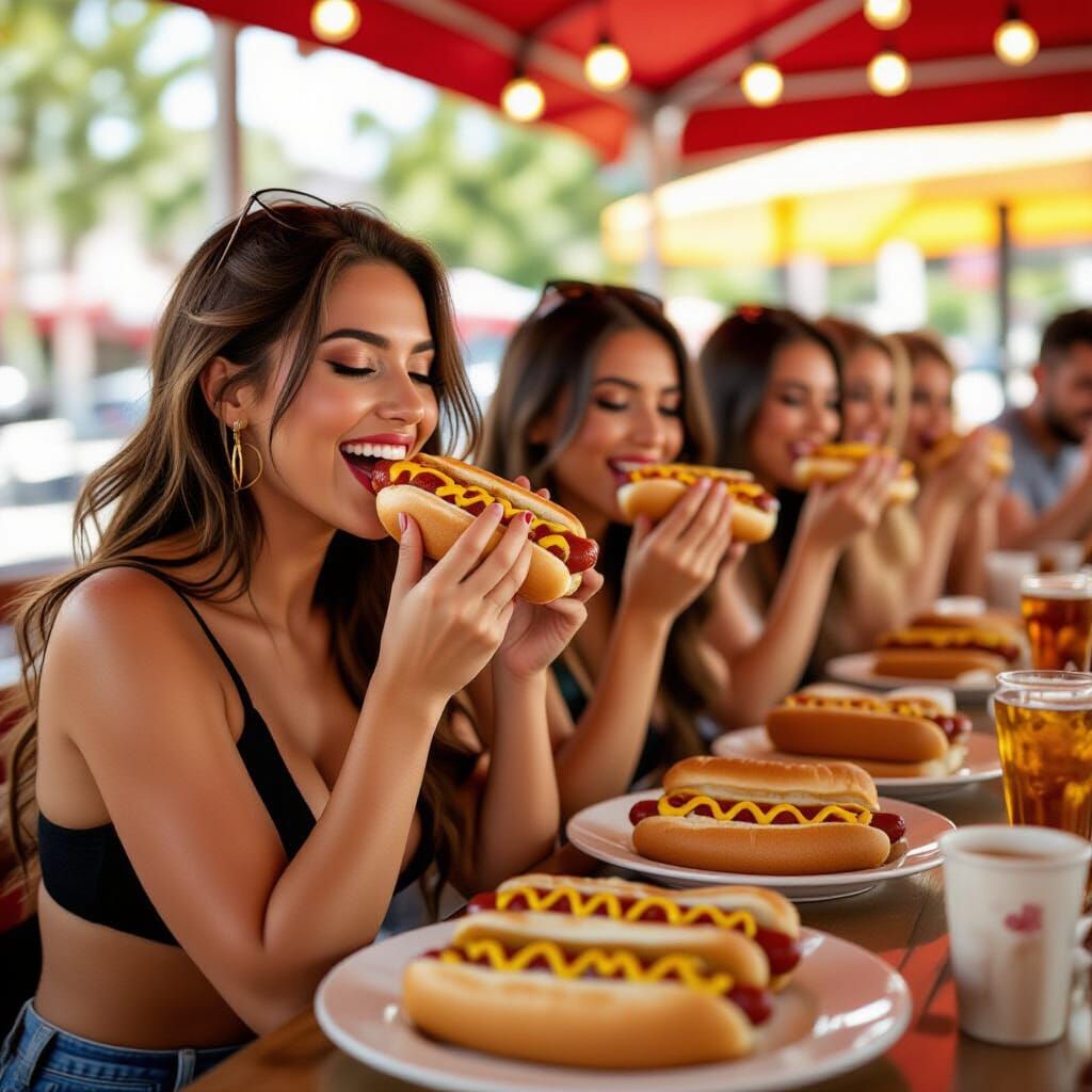 Women Eating Hot Dogs in Professional Photography Style