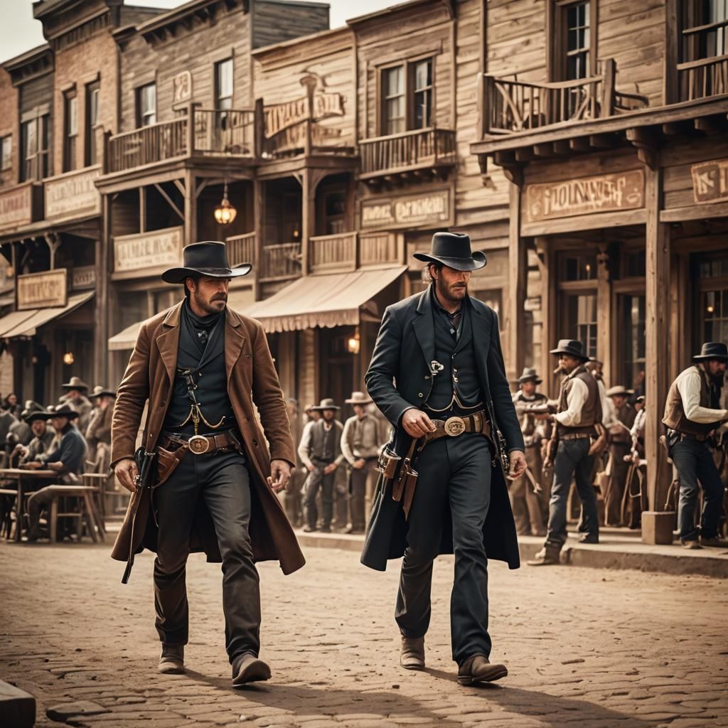 Gunslinger vs Outlaw Showdown in Wild West Town