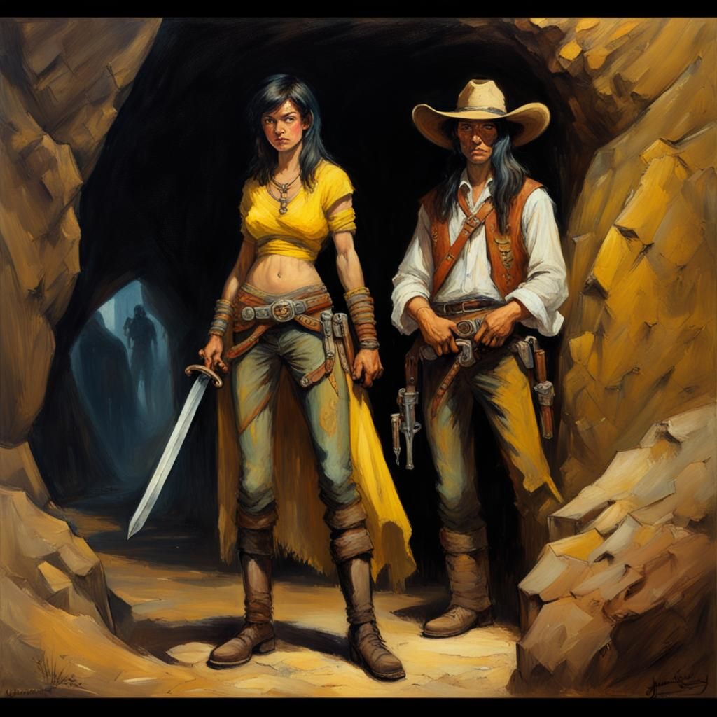 Githyanki and Cowboy in Cave, Oil Painting