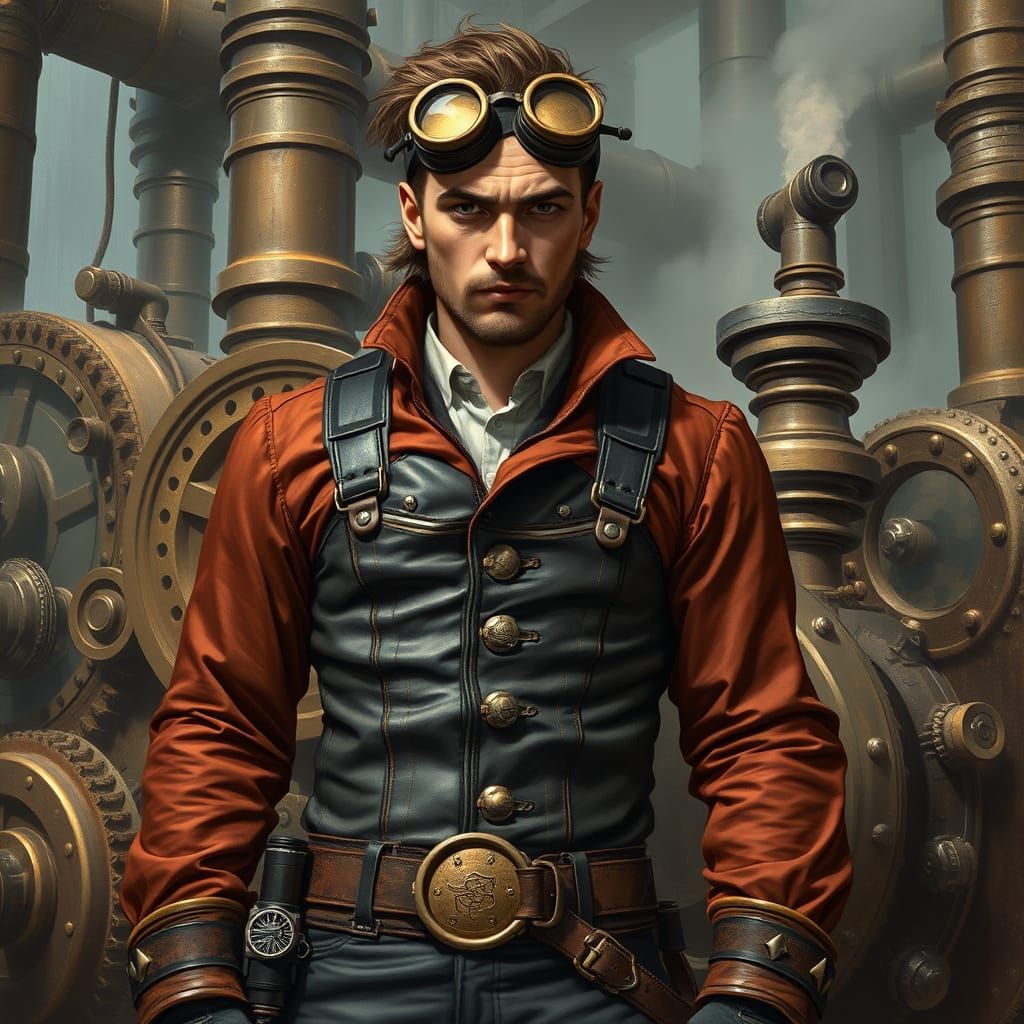 Steampunk Figure with Engine in Syd Mead Style