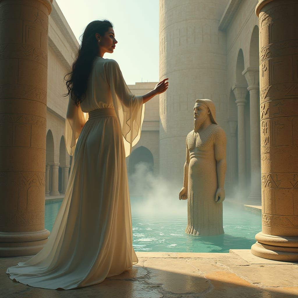 Woman Unveiling Sumerian Statue in Dreamlike Scene