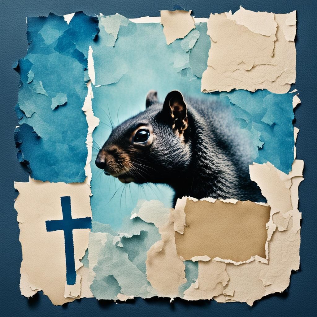 Vibrant Black Squirrel Portrait in Collage Style