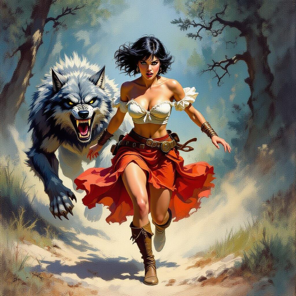 Adventuress Fleeing Werewolf, Oil Painting Style