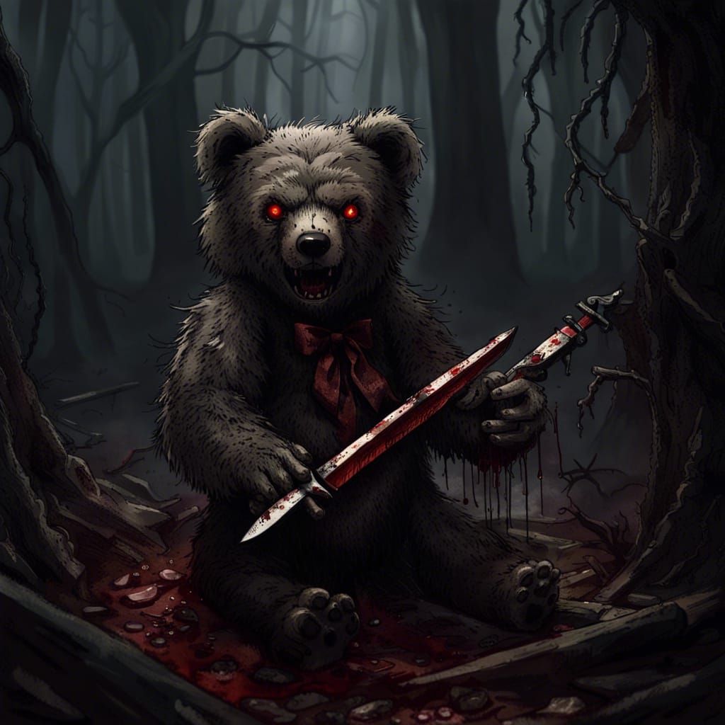 High Gothic Horror: Bloodied Teddy Bear in Dark Forest