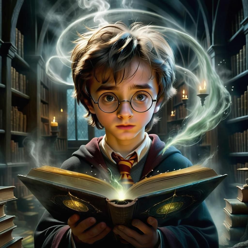 Harry Potter reading his first Book of Magic Spells at Hogwarts