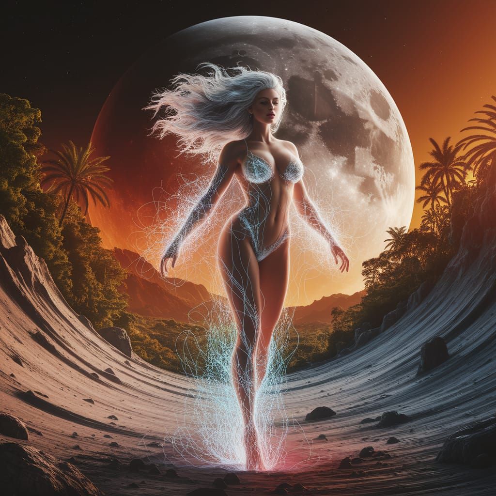 Electromagnetic Plasma Woman on Moonscape