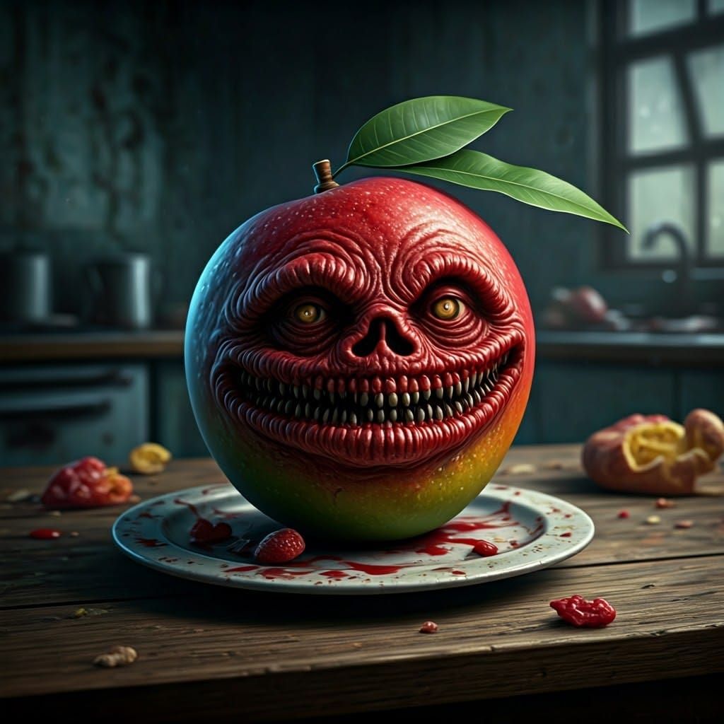 Twisted Mango Horror Scene in Grotesque Realism