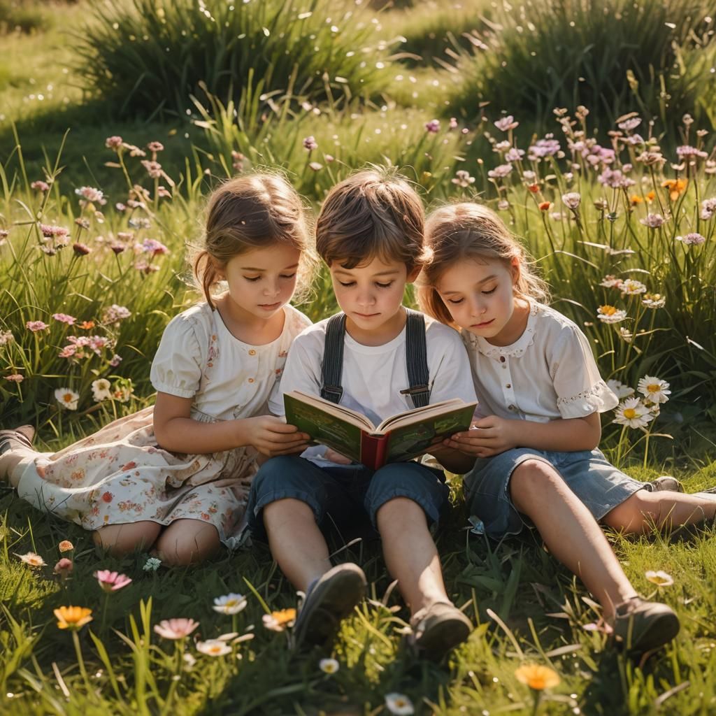 Children Reading Book in Warm Sunlight Portrait