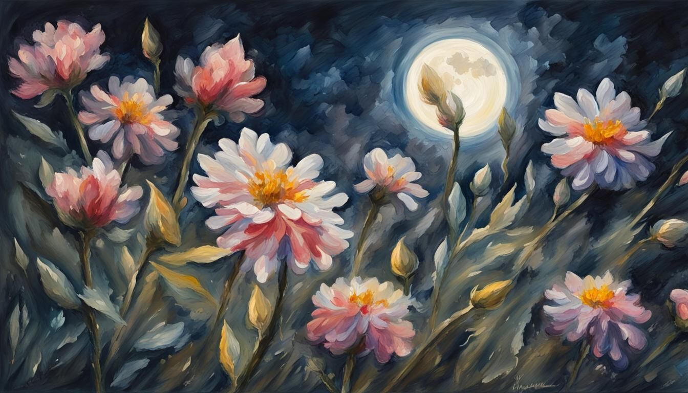 Gouache Style Flower Under Moonlight