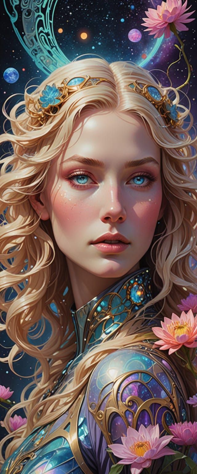 Ethereal Nordic Goddess Surrounded by Cosmic Bloom