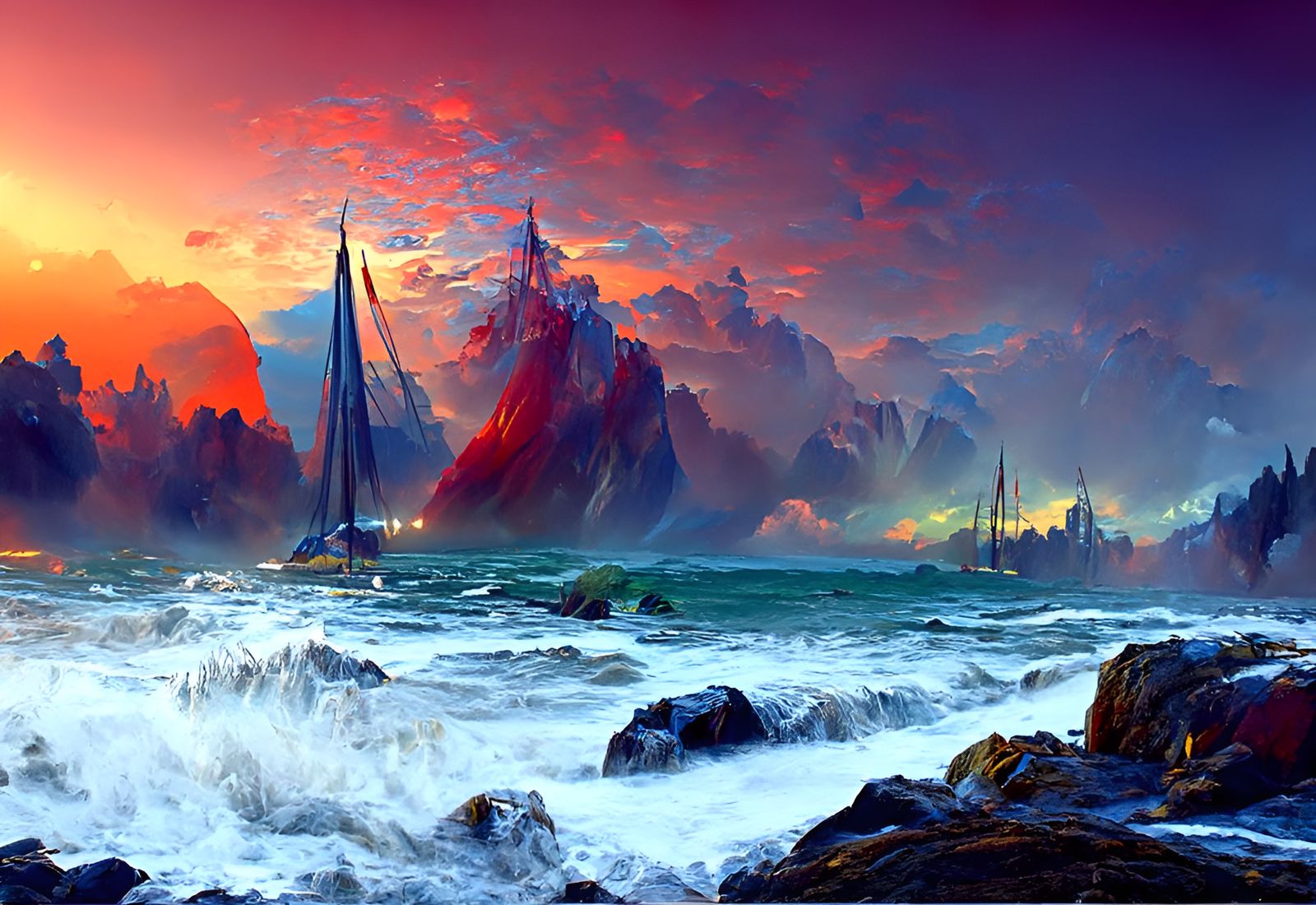 Ship on Dark Seas: Hyperrealistic Seascape Painting