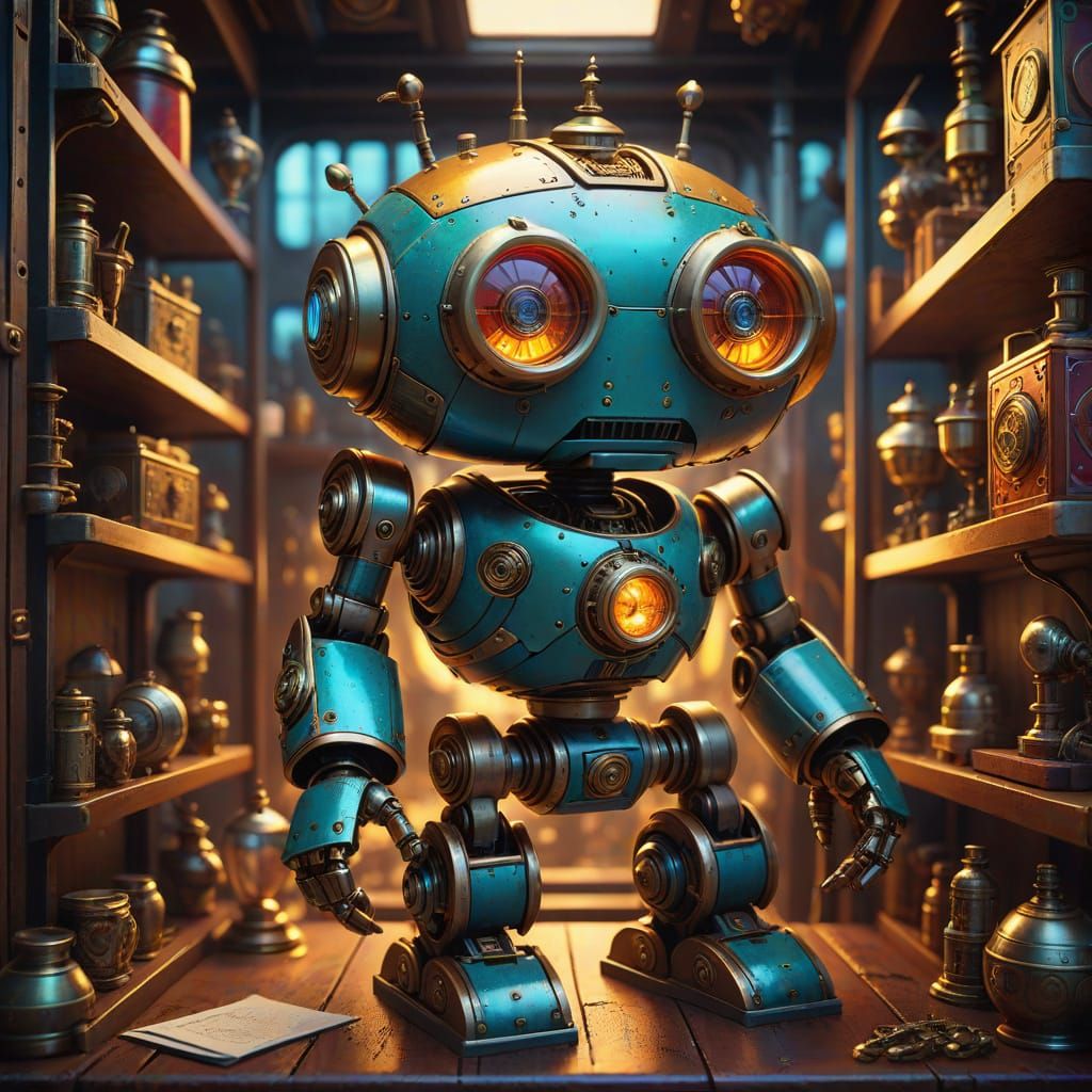 Whimsical Steampunk Robot Explores a Shelf of Human Treasure...
