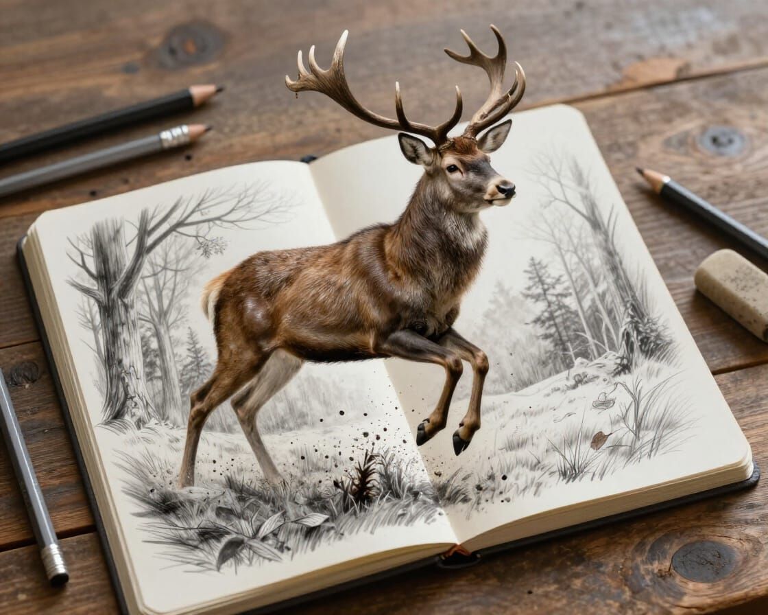 Majestic Stag Leaps From Sketchbook in Mixed-Media Illusion