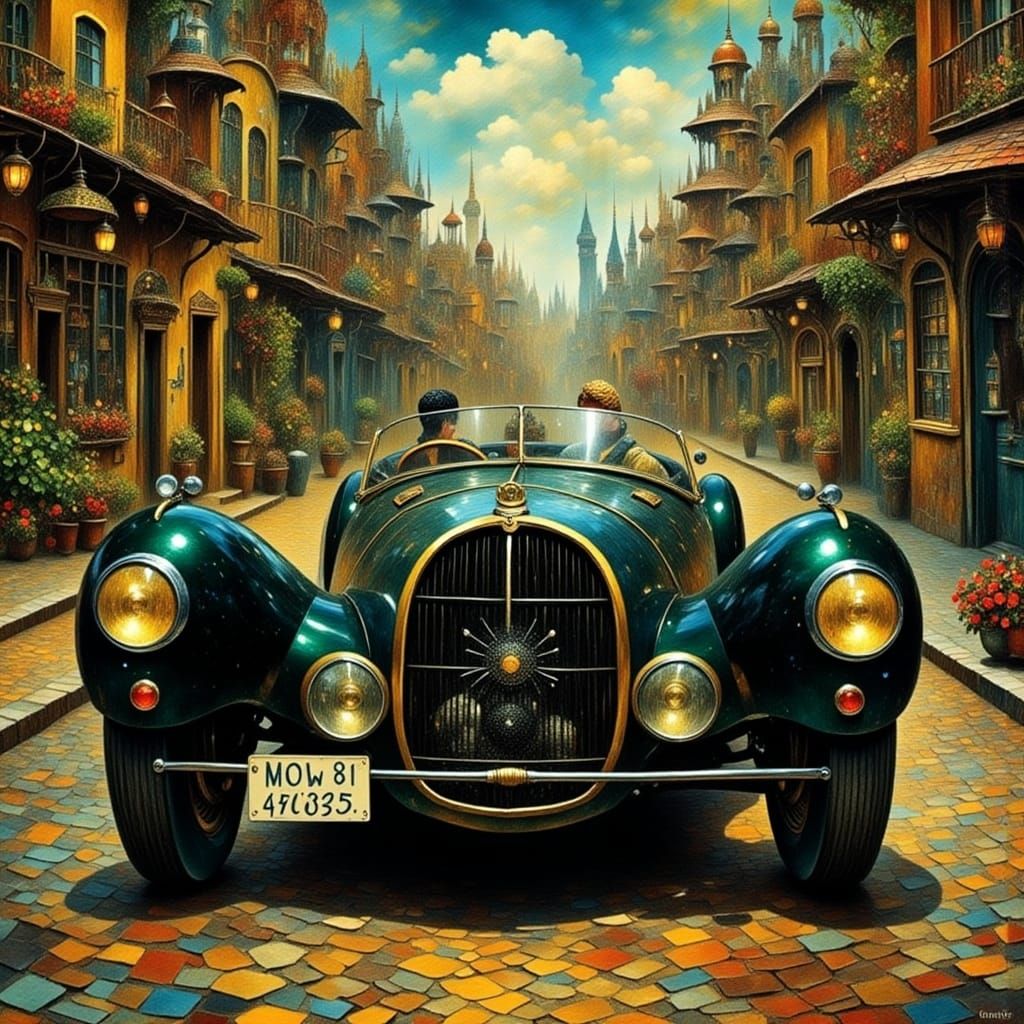 Vintage Car on Old Town Road as Digital Art