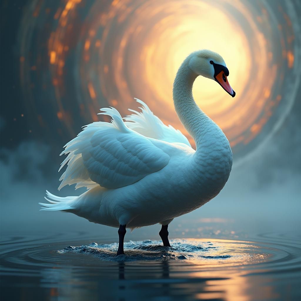 Majestic Swan in Abstract Iridescent Mist