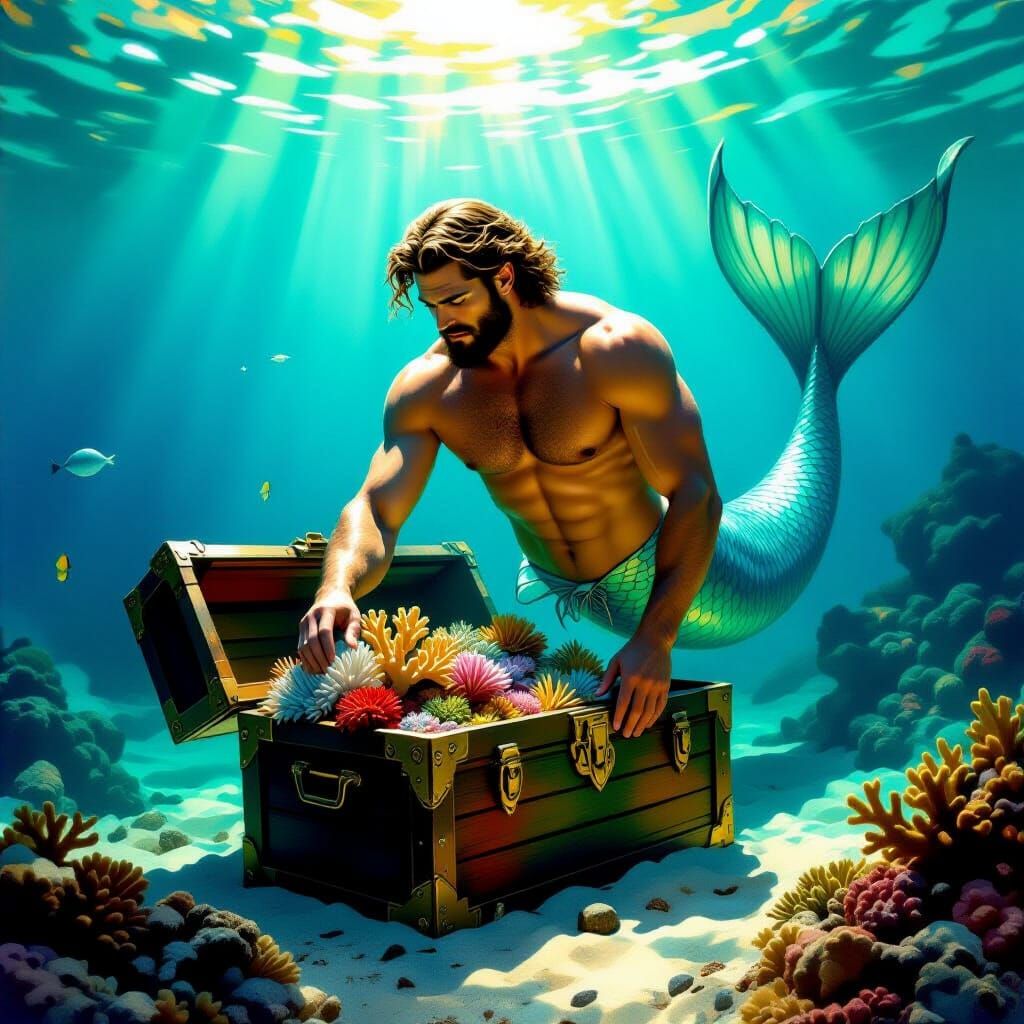 Merman Discovering Coral Reef in Sunken Treasure, Maritime P...