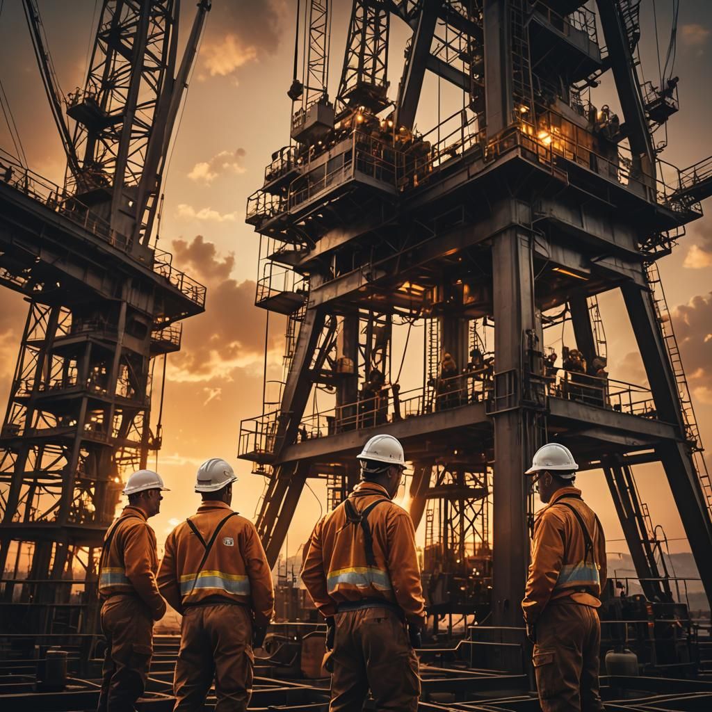 Oil Rig Workers at Sunset in Industrial Concept Art