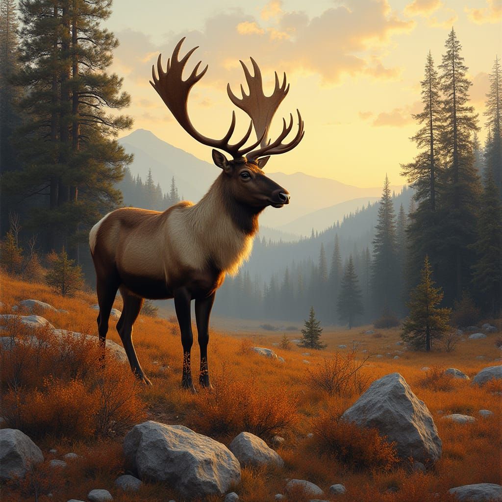Caribou in Autumn Forest at Dusk: 19th Century Style