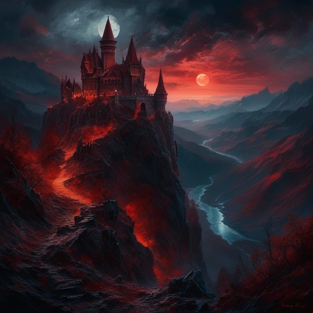 Ruined Castle Dracula in Transylvanian Alps: Oil Painting