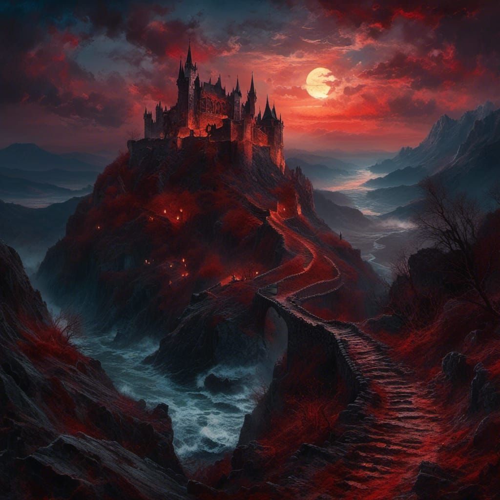 Ruined Dracula Castle at Night, Greg Rutkowski Style