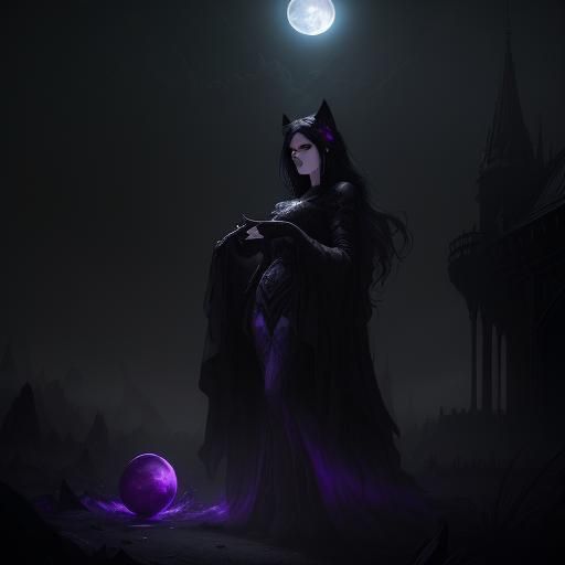 Dark Fantasy Witch with Wolf and Castle