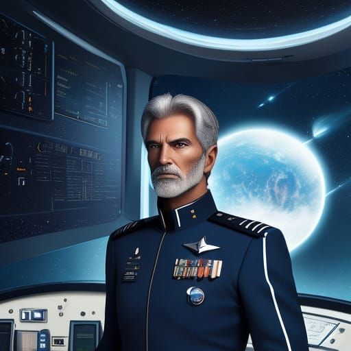A determined starship captain standing confidently on the br...