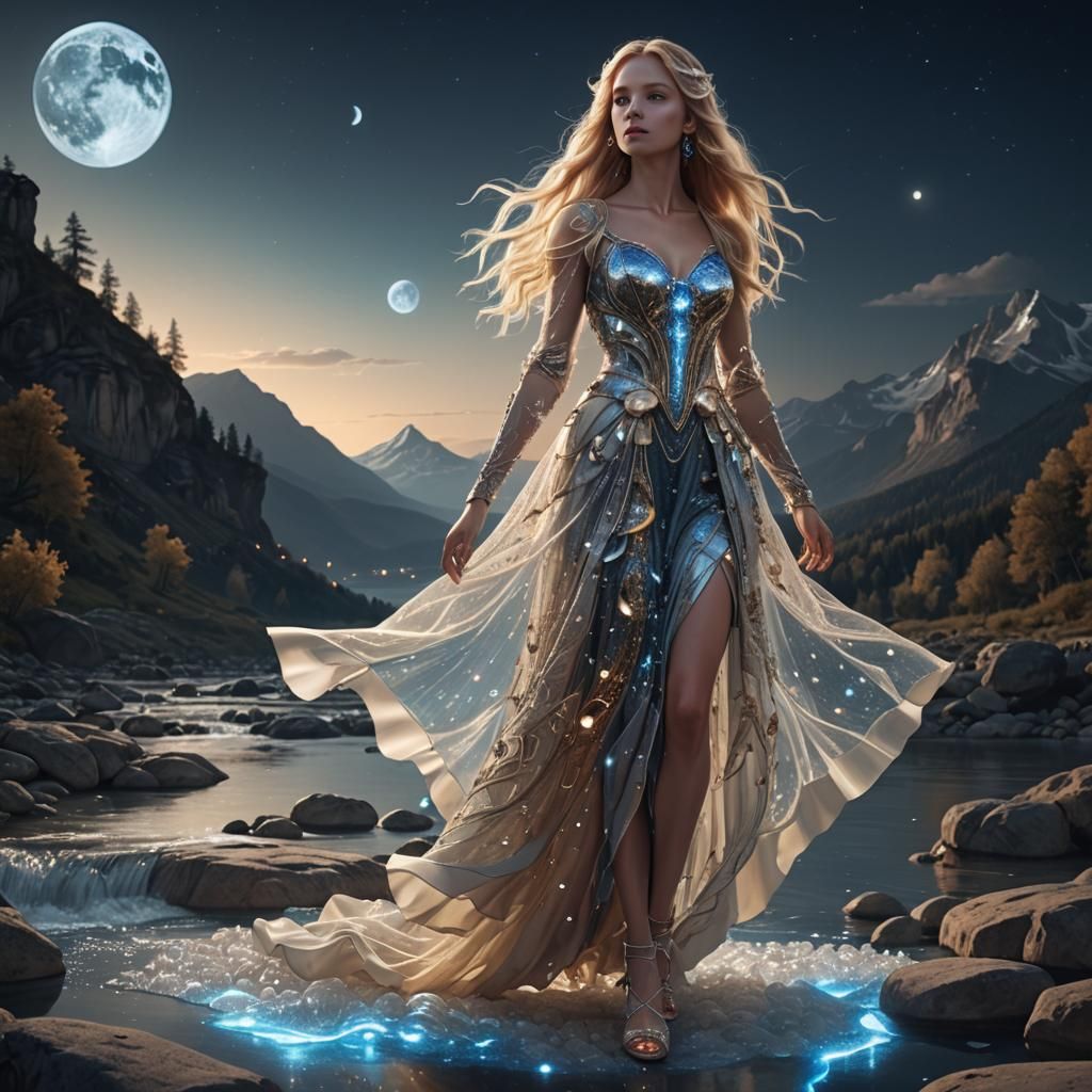 Mountain Lady in Moon Dress: Futuristic Sci-Fi Art