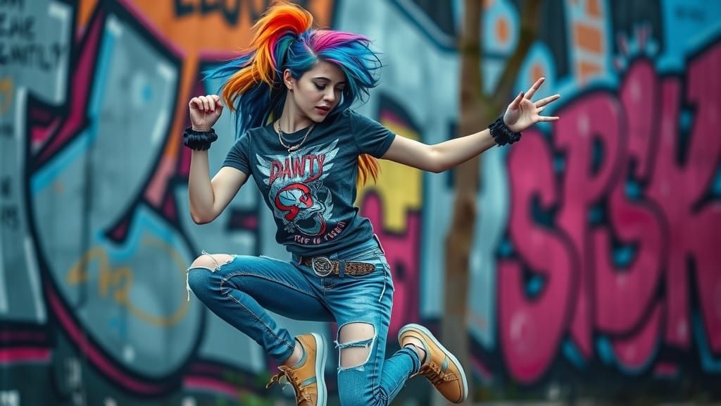 Punk Girl Strikes Expressive Pose in Urban Graffiti Setting