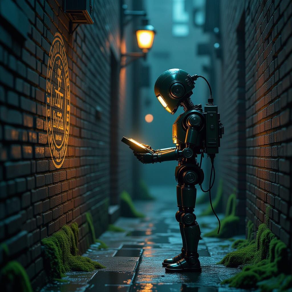 Lone Automaton in Moody Noir Alleyway