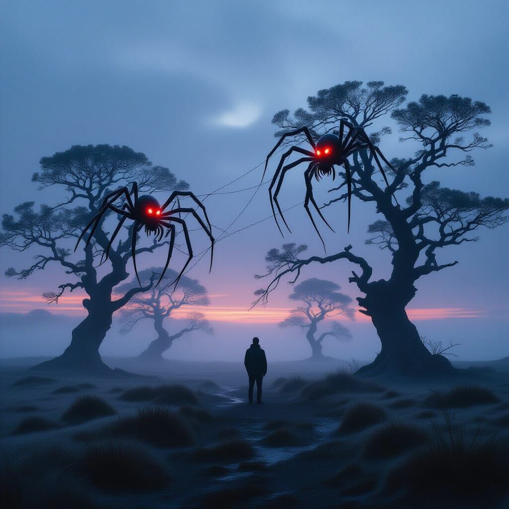 Ethereal Spiders on Foggy Moor at Twilight