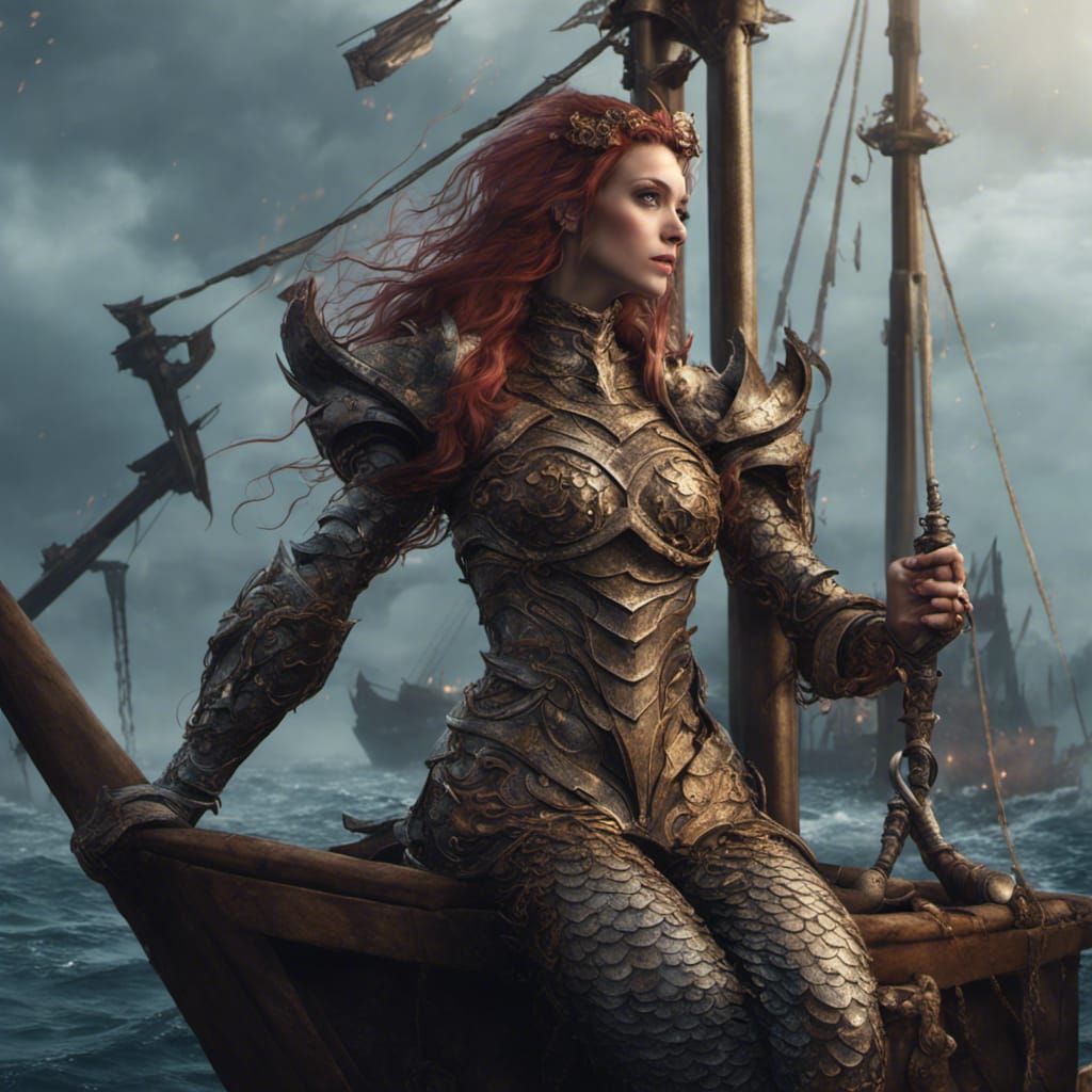 Armored Mermaid on Shipwreck: Detailed Matte Painting