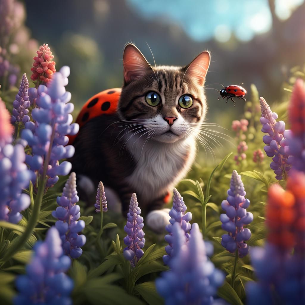 Ladybug Perspective: Cat Smelling Flower in Lupines