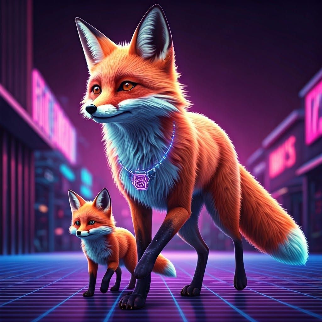 Neon Fox Family in a Retro Cityscape