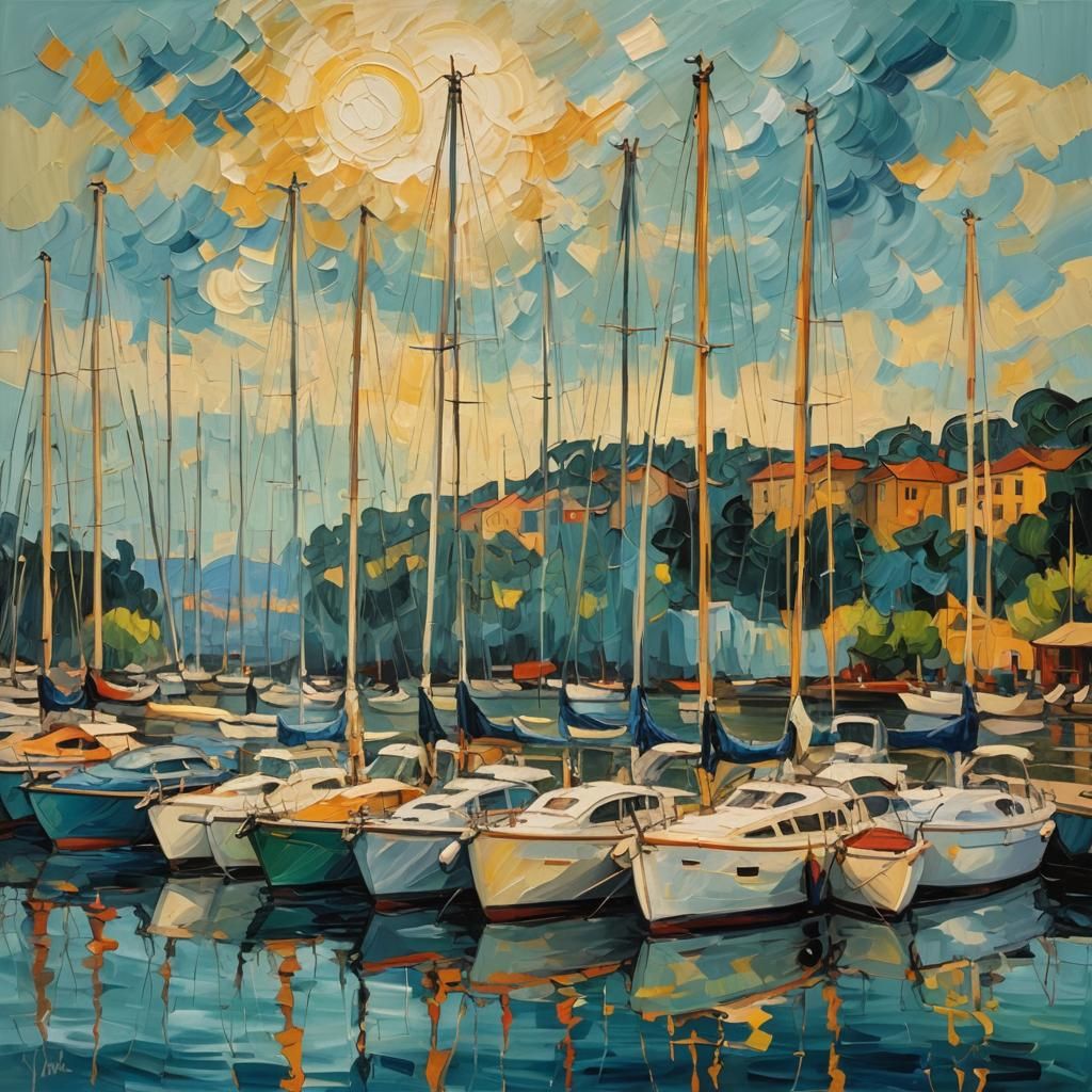 Expressionist Yachts in Marina: Van Gogh Style Oil Painting